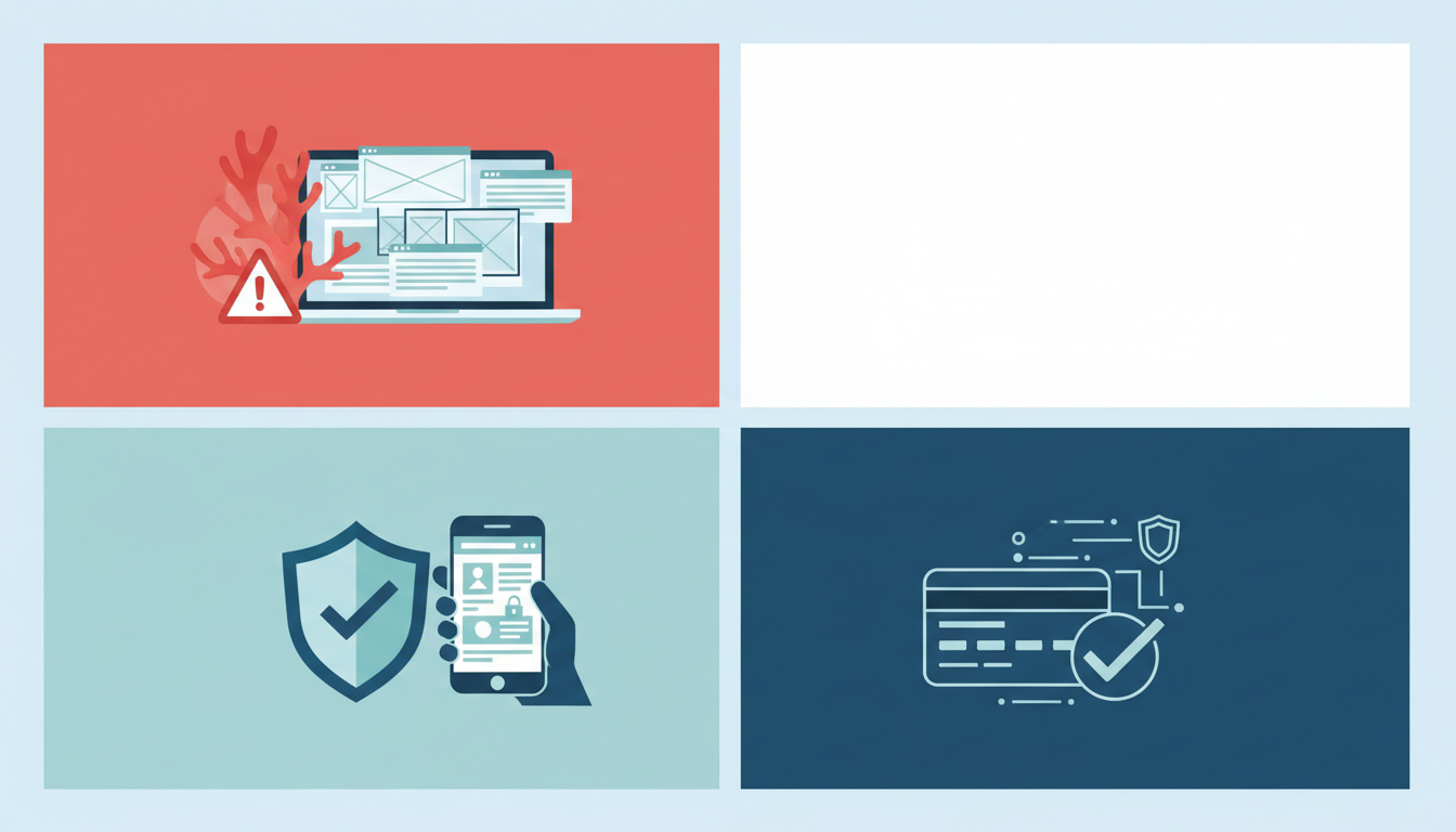 Visual travel booking safety sequence with a warning symbol, verification shield and protected payment card.